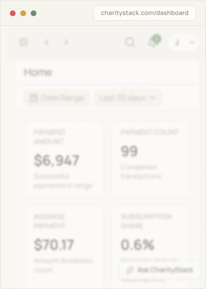 Admin Dashboard in CharityStack, on a phone